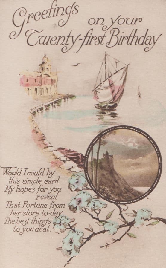 Happy 21st Birthday Ship Shepherd Sheep Antique Postcard