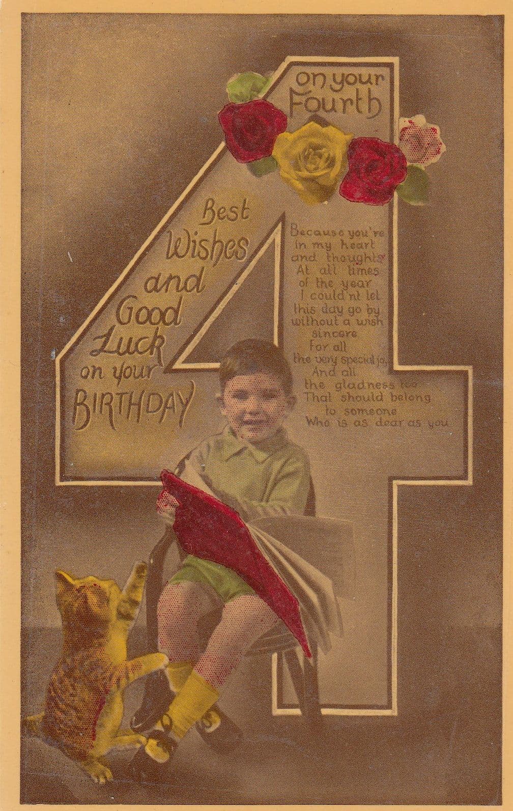 Happy 4th Birthday Cat Reads This Is Your Life Type Red Book Real Photo Greetings Postcard