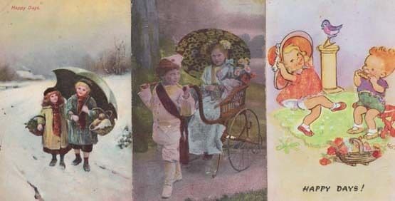 Happy Days 3x Antique Postcard Social History Comic Horse & Cart Bird Umbrella