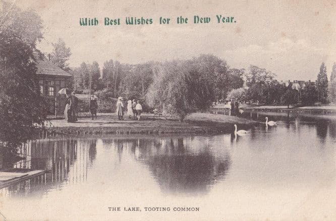 Happy New Year From London's Tooting Common Lake 1909 Postcard