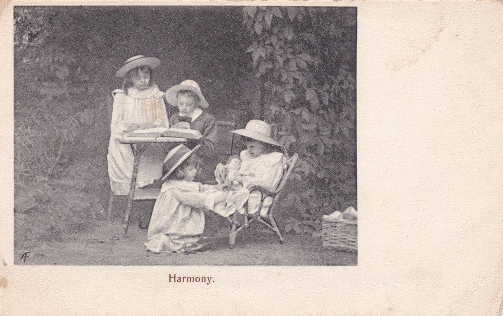 Harmony Children Passing Lamb Teddy Toy Reading Old Postcard
