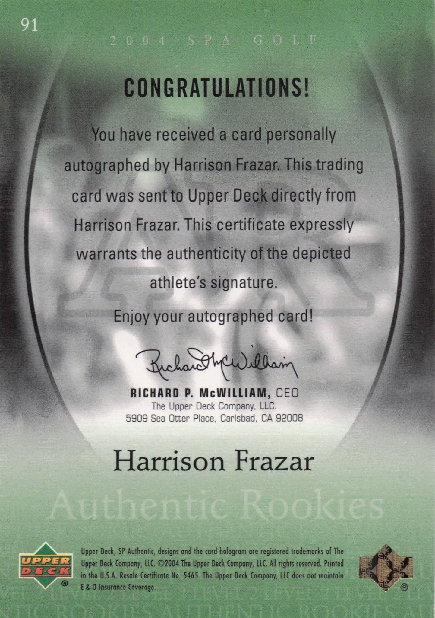 Harrison Frazar Authentic Rookies 2004 Golf SP Hand Signed Autograph Card