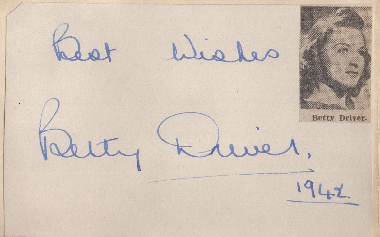 Harry Tate Bette Driver in WW2 Hand Signed Autograph Page