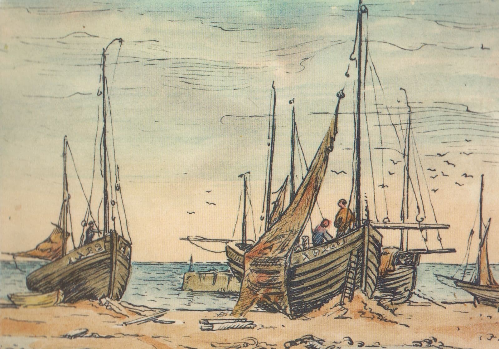 Hastings Luggers Fishermen Fishing Ship Ships Painting Postcard