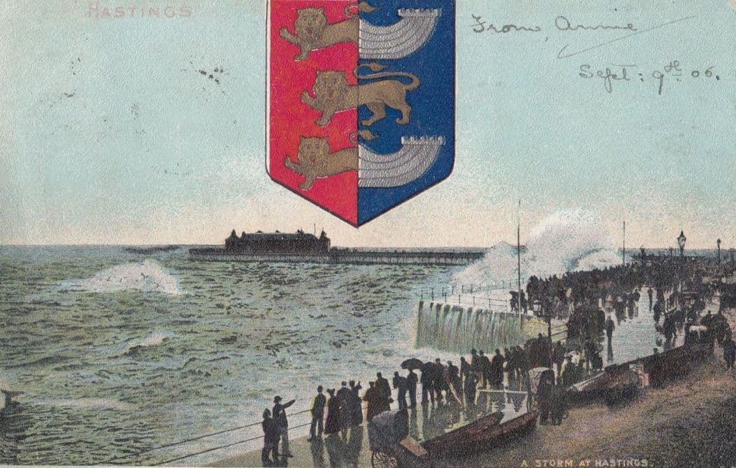 Hastings Shield Heraldry Storm At Sea in 1906 Antique Postcard