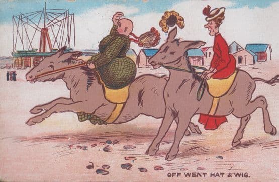 Hat & Wig Blowing Off Antique Pony Donkey Ride Rides Seaside Comic Postcard