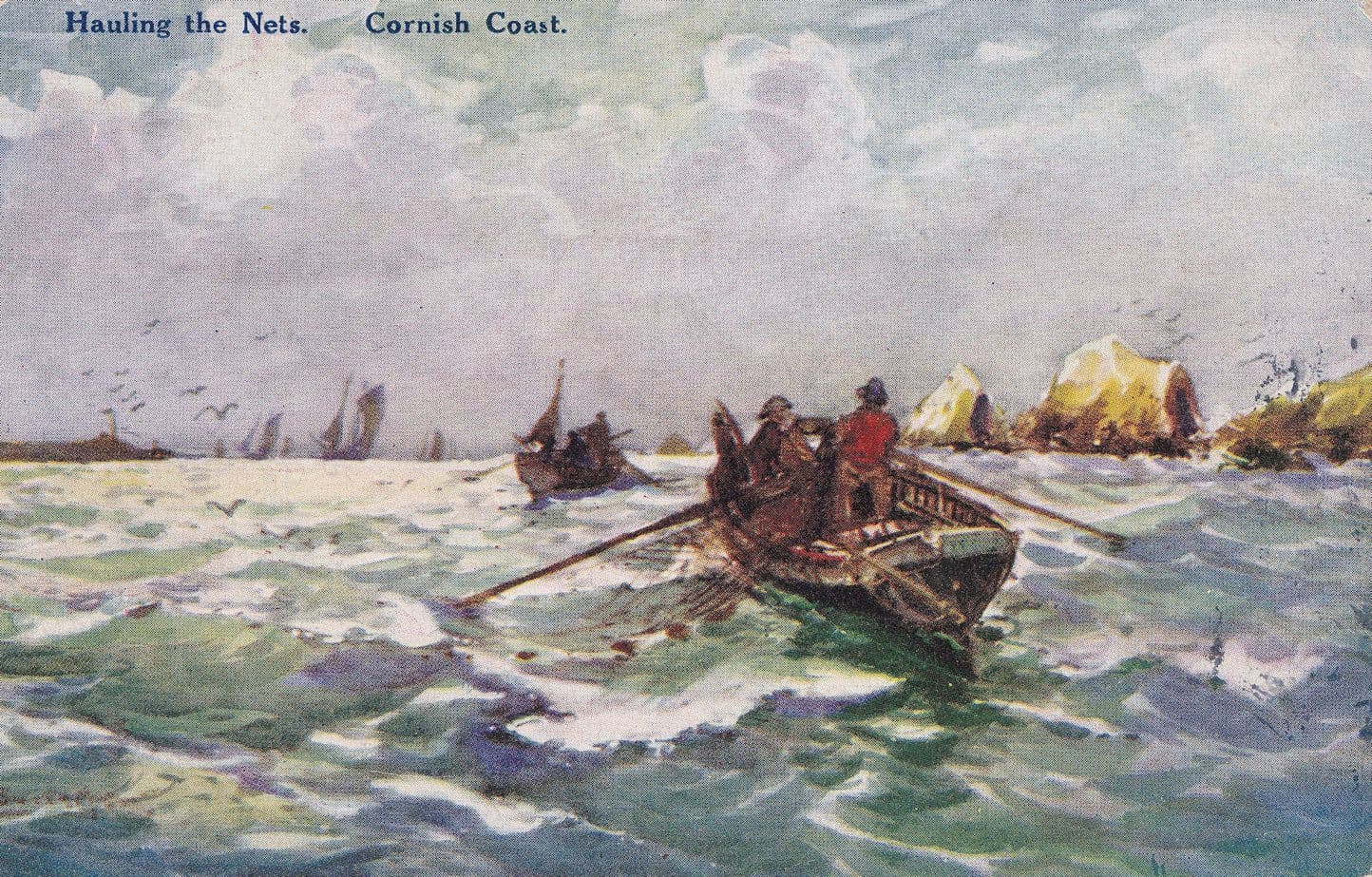 Hauling The Nets Fisherman Cornwall Cornish Coast Old Postcard