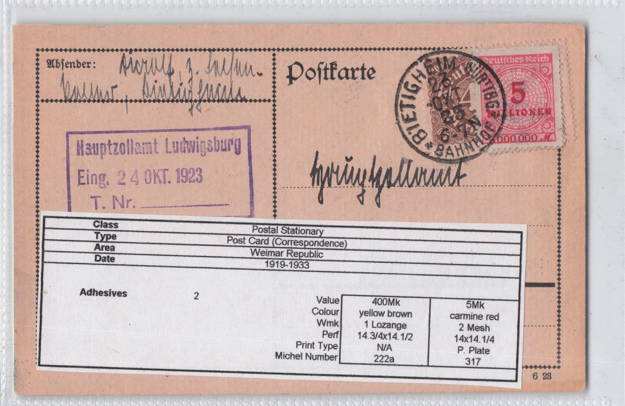 Hauptzollamt Ludwisburg Bietigheim German Antique 1923 Postcard
