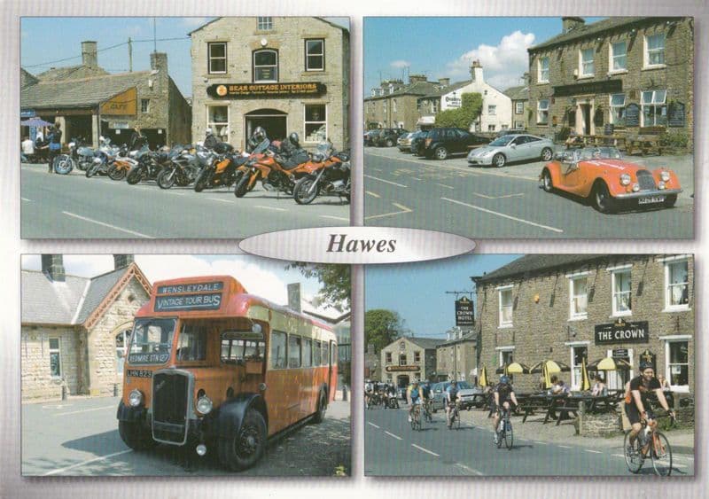 Hawes Wensleydale Tour Bus Motorbike Car Park Cyclists Garage Postcard