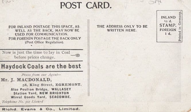 Haydock Coal in Castle Egremont Wallasey Brighton Seacombe Advertising Postcard