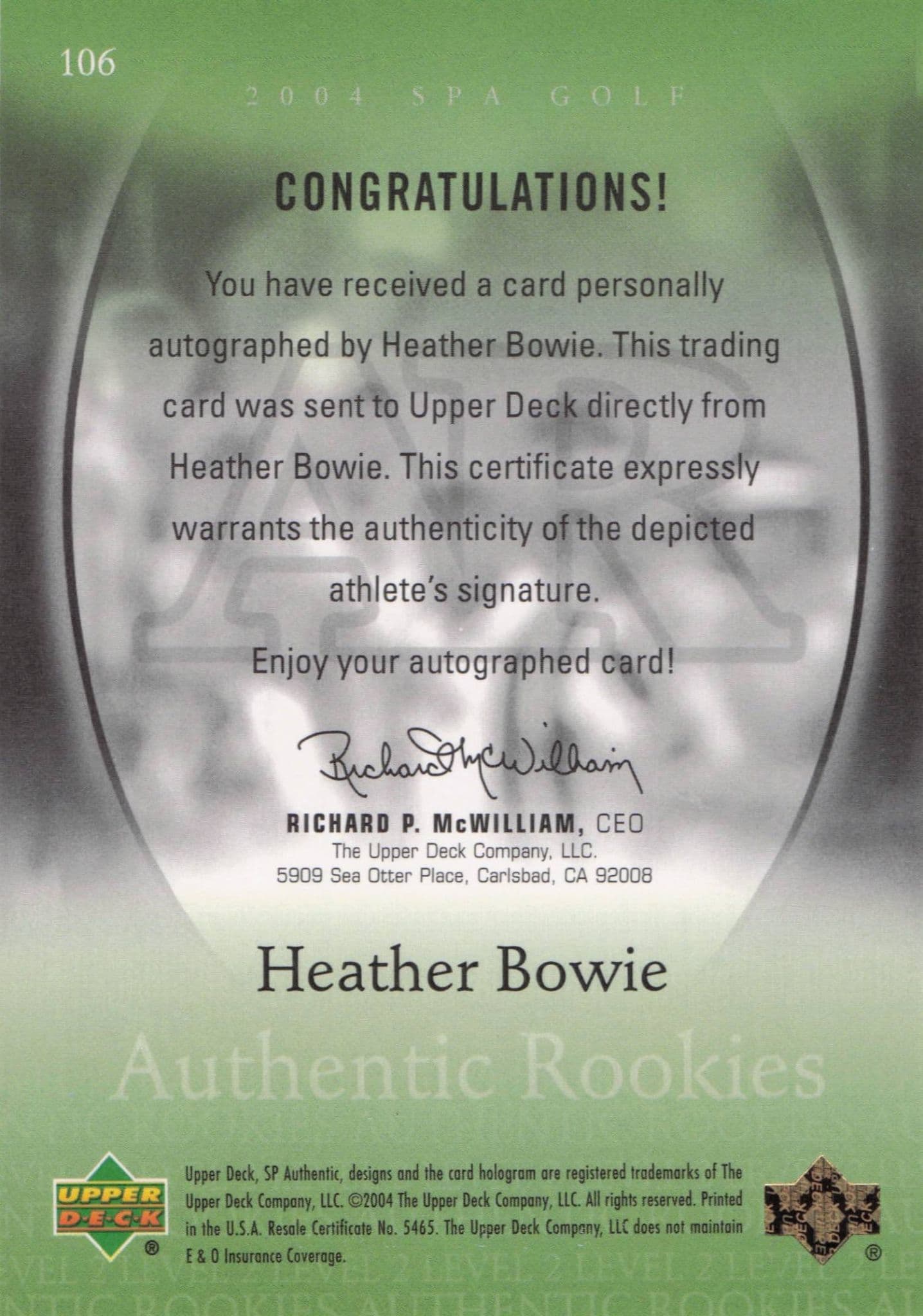 Heather Bowie Authentic Rookies 2004 Golf SP Hand Signed Autograph Card