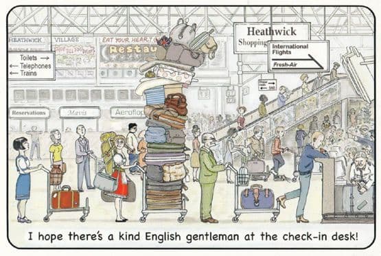 Heathrow Airport London Check In Desk Too Much Luggage Comic Humour Postcard