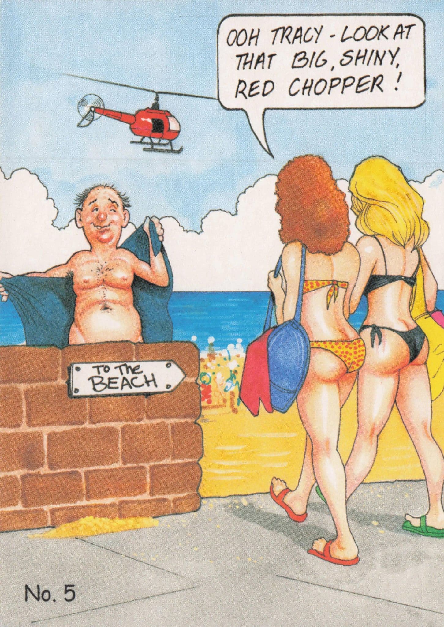 Helicopter Streaker Big Red Chopper Transport Comic Postcard
