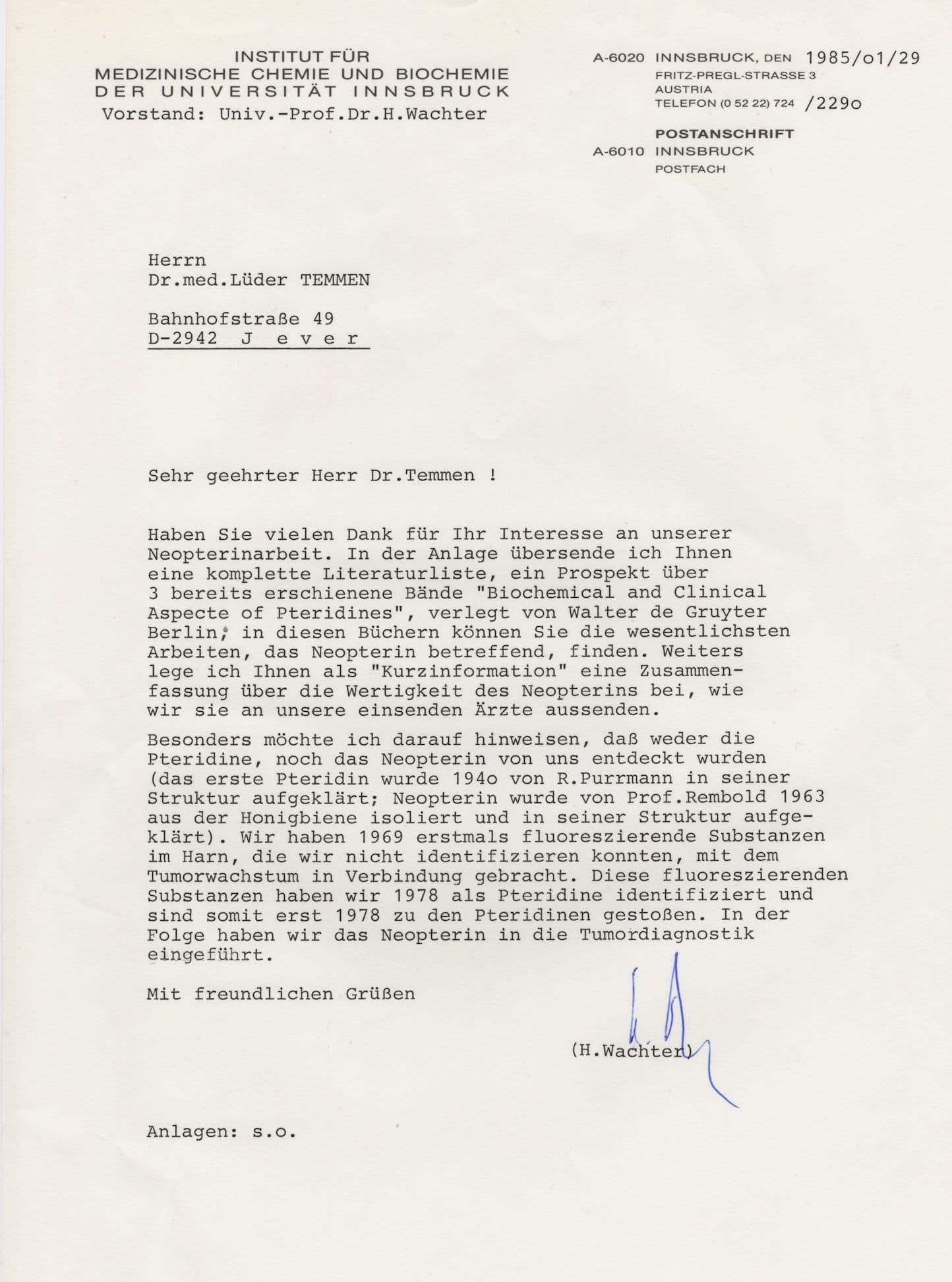 Helmut Wachter Austrian Pharmacist Physician Hand Signed letter