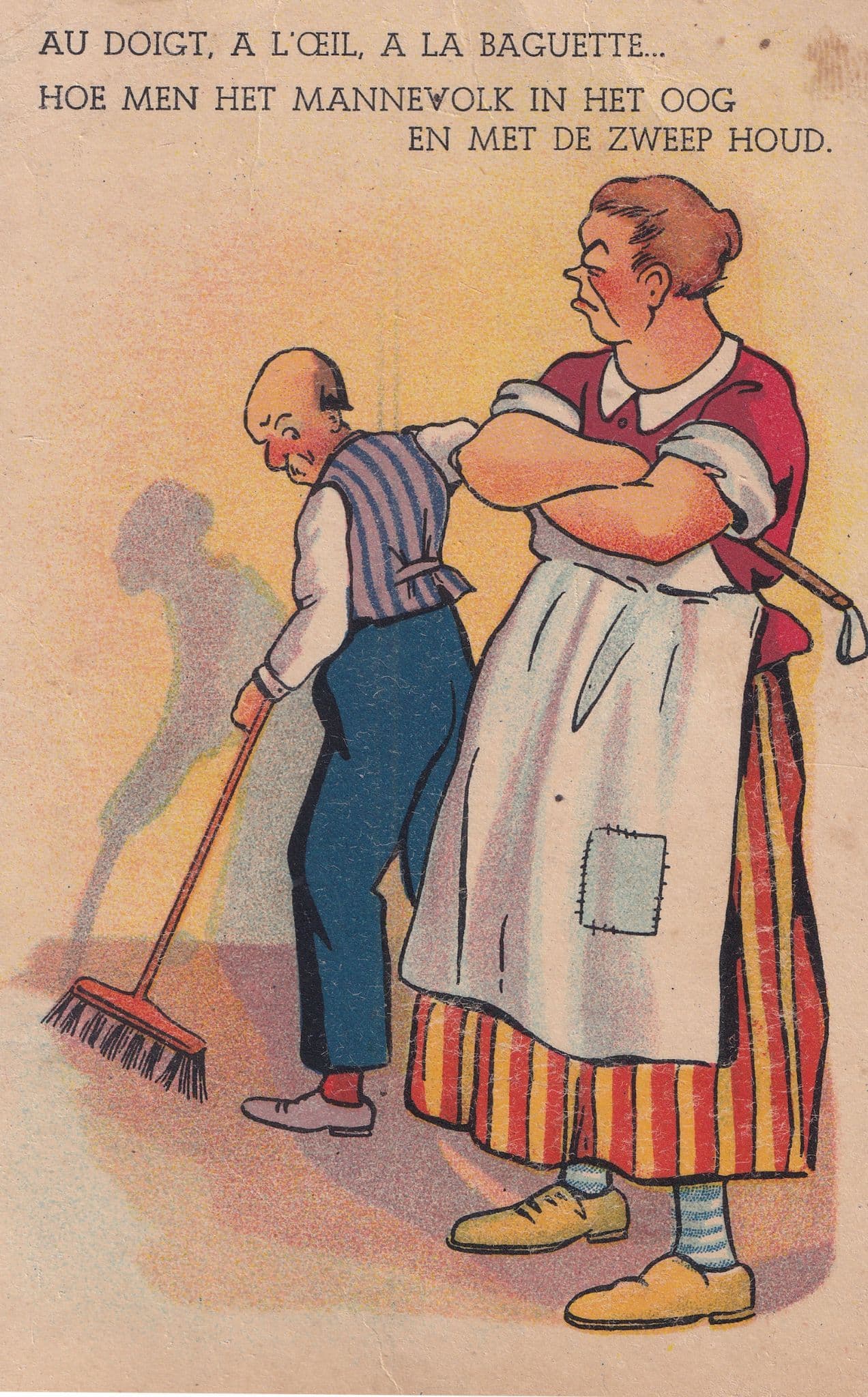 Henpecked Husband Sweeping Floor Antique Dutch Comic Postcard