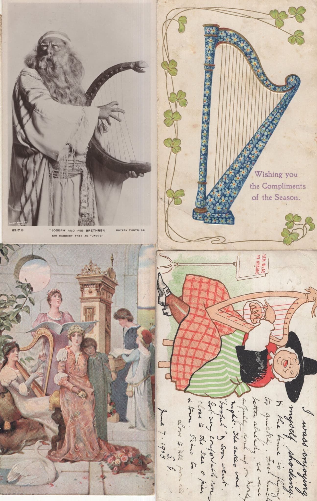 Herbert Tree Actor 4x Old Musical Harp Postcard s