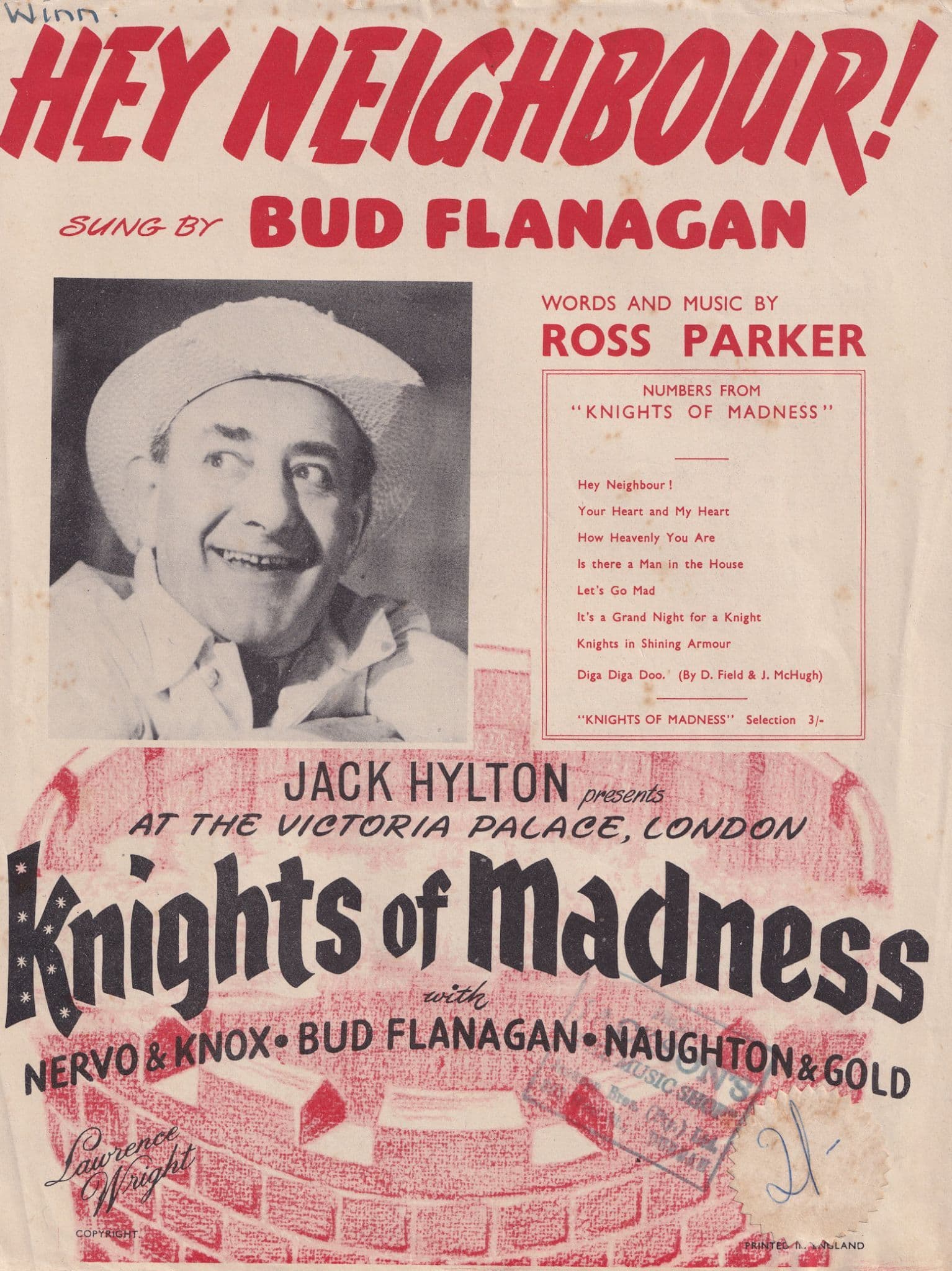 Hey Neighbour Bud Flanagan 1950s Sheet Music