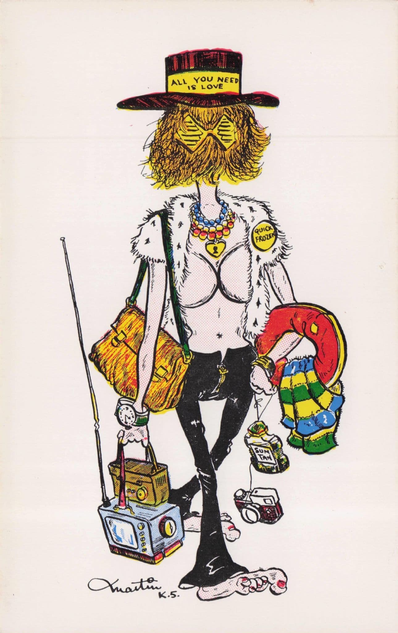 Hippy Holidaymaker All You Need Is Love T-Shirt 1970s Comic Postcard