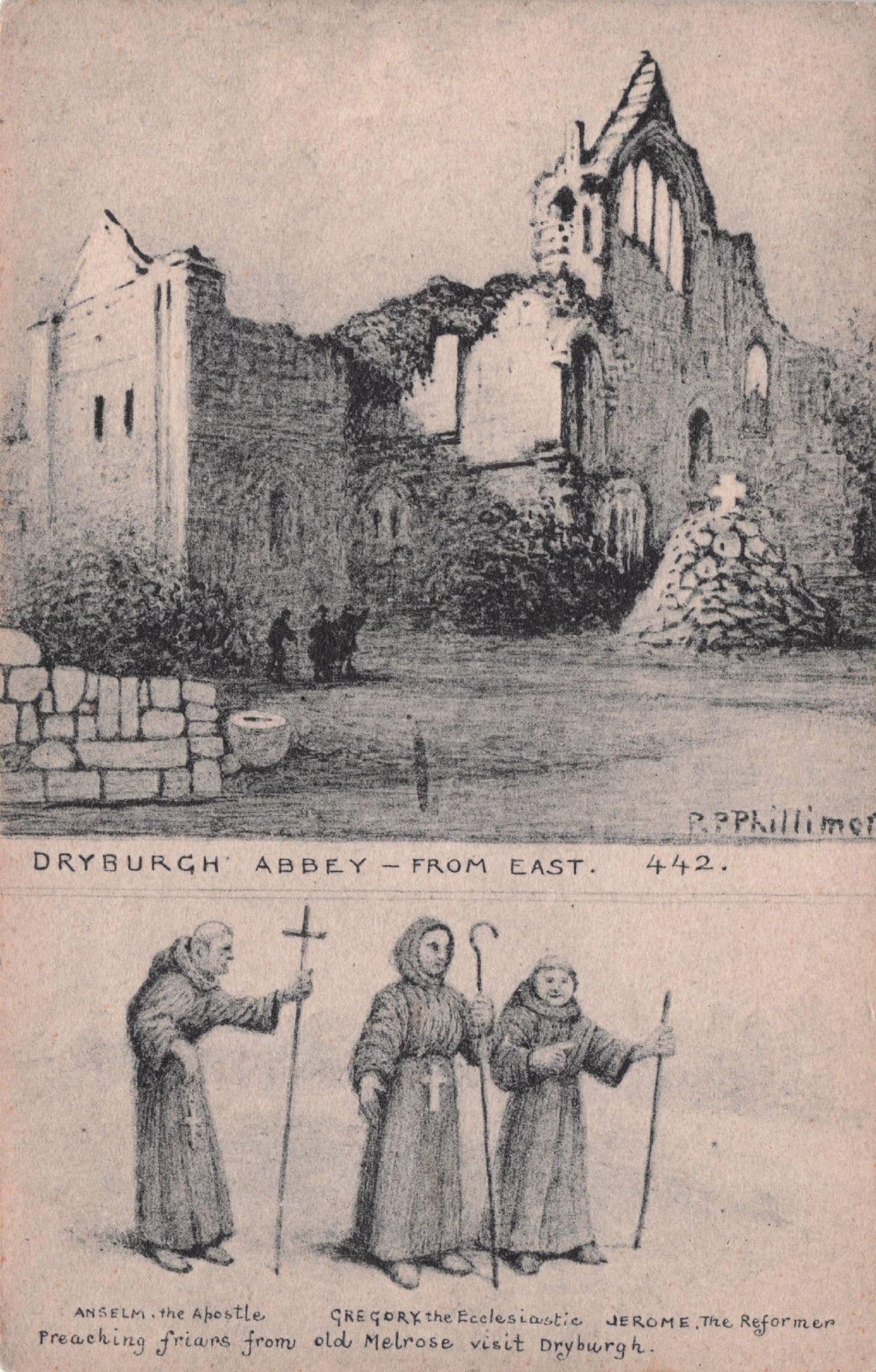 Historic Monks at Drydale Abbey From East Phillimore Old Postcard