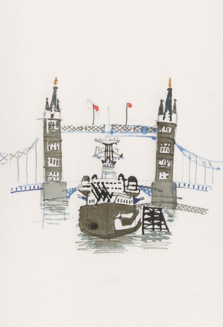 HMS Belfast Ship at London Tower Bridge Thames River Painting Postcard
