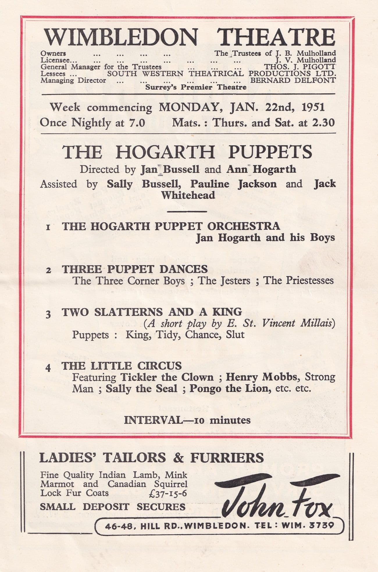 Hogarth BBC Circus Puppet Show Antique Wimbledon Theatre Programme