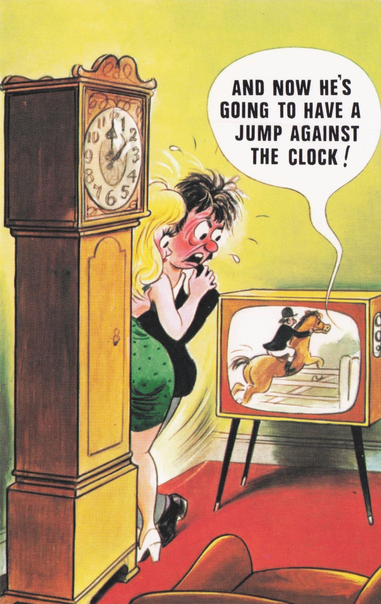 Horse Facing Jumping Equestrian Old TV Set 1970s Comic Postcard