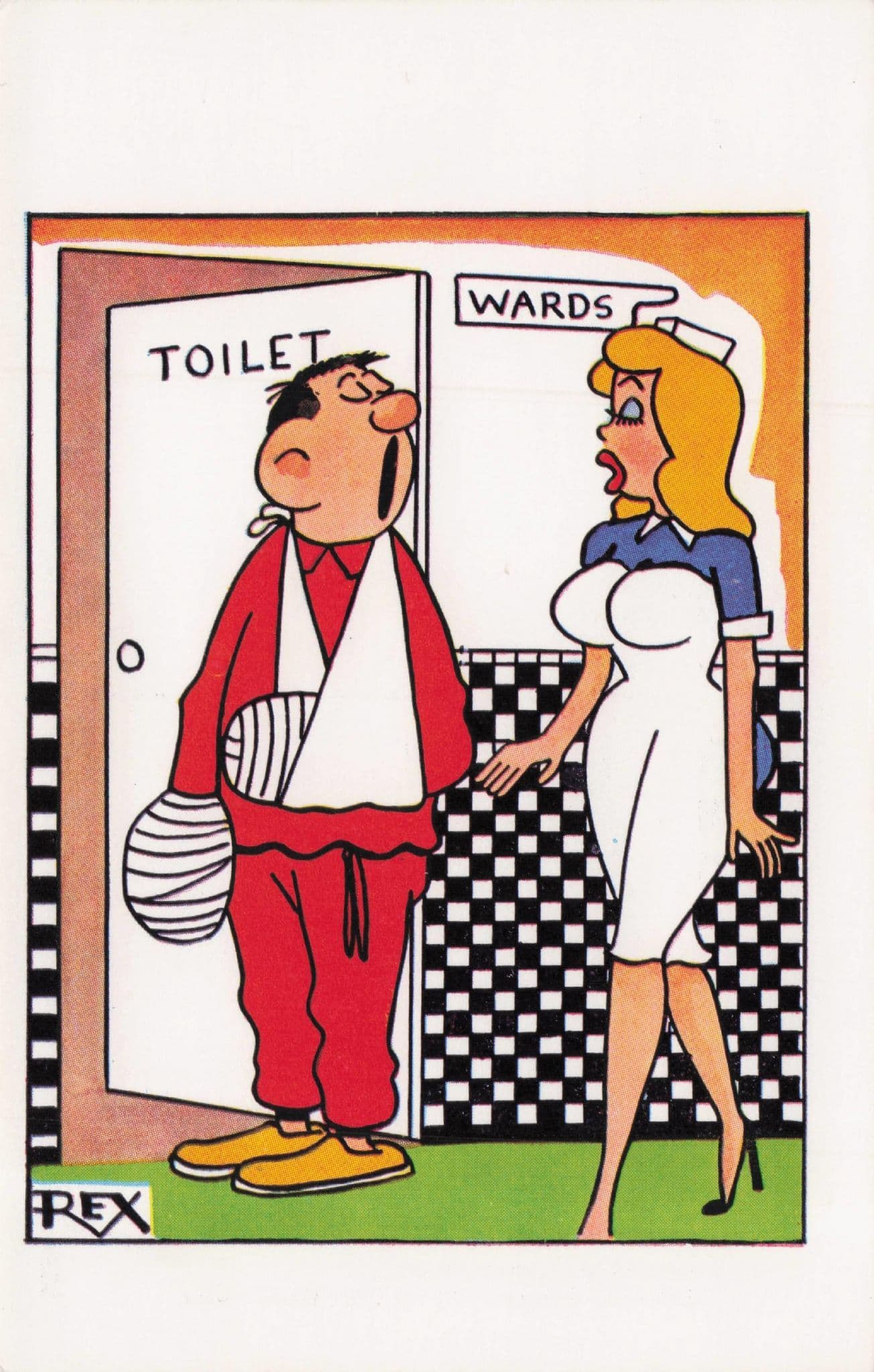 Hospital Man Arm Sling Sexy Nurse at Toilets Vintage Comic Postcard