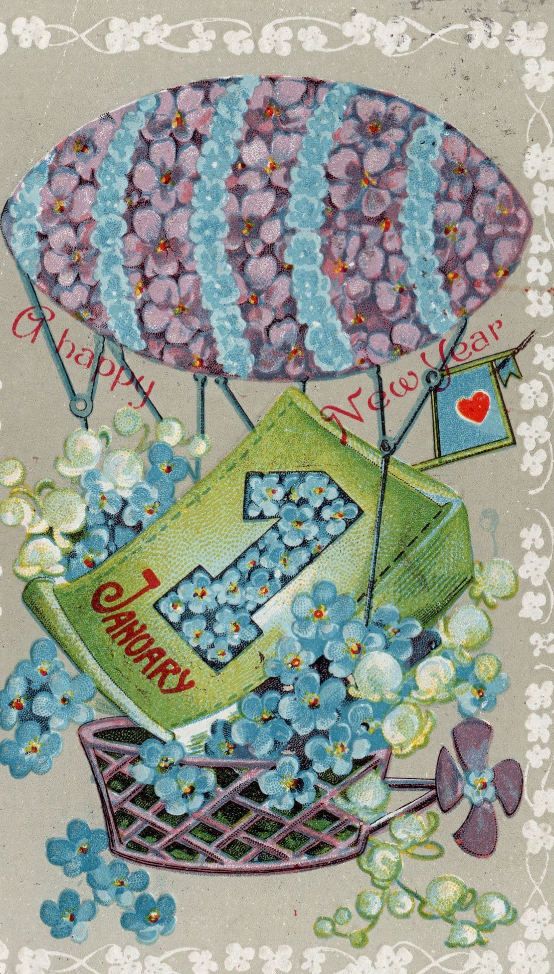 Hot Air Balloon Antique Happy New Year Raised 3D Style Postcard