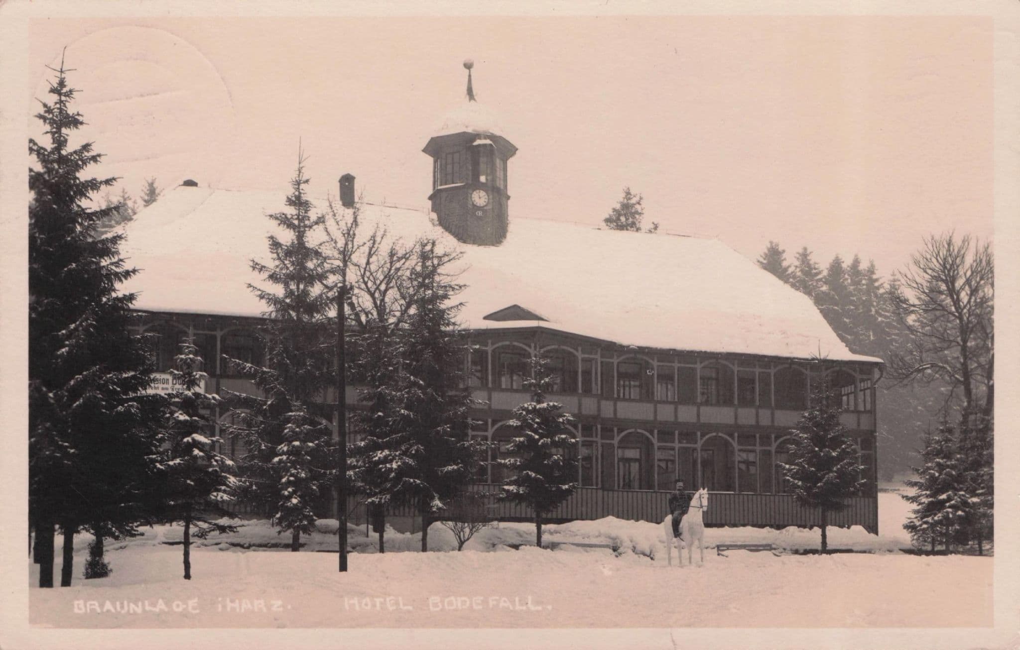 Hotel Bodefall in Snow Horse & Rider Braunclage Germany Antique Postcard