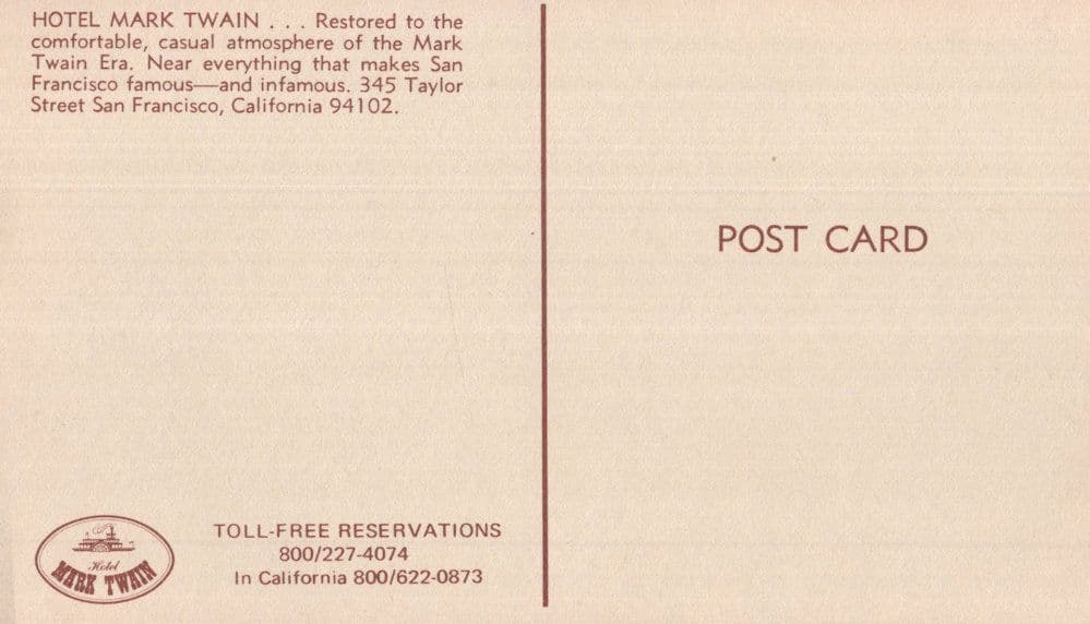 Hotel Mark Twain Book Author Old San Fransisco Ship Advertising Postcard