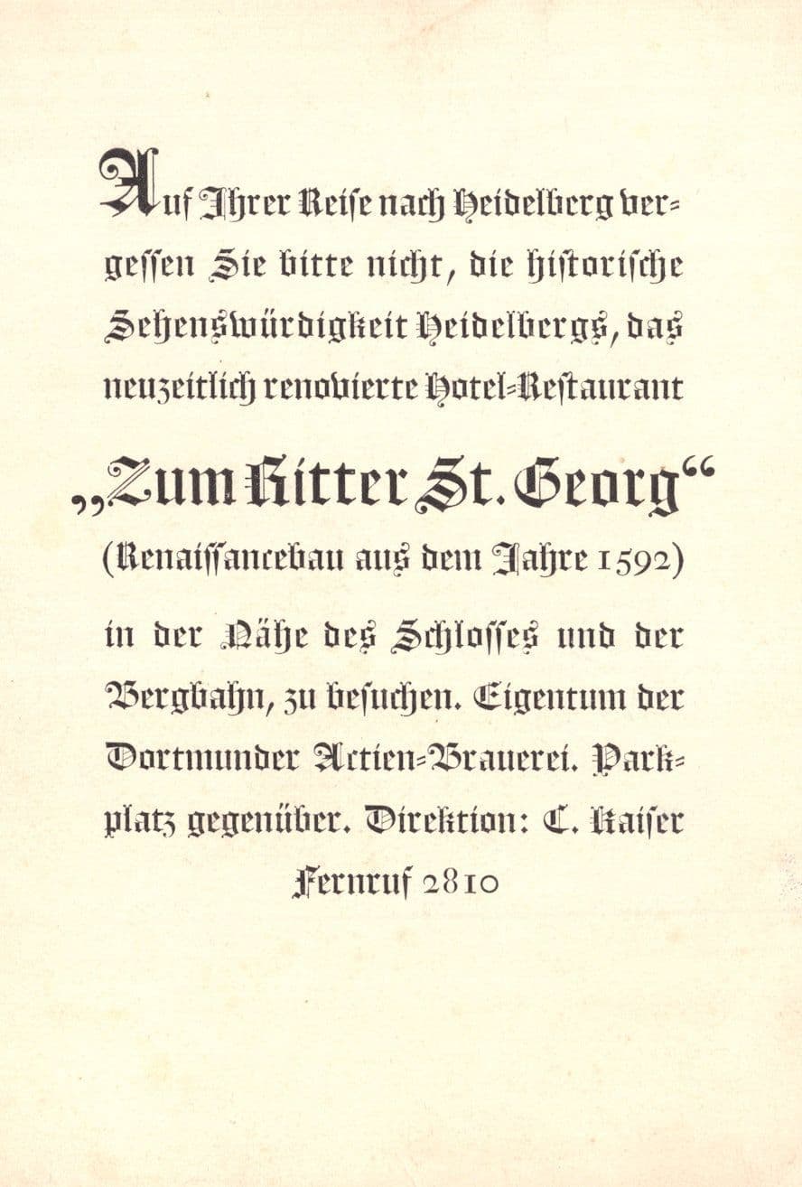 Hotel Zum Ritter St Georg Heidelberg Germany Old Advertising Postcard