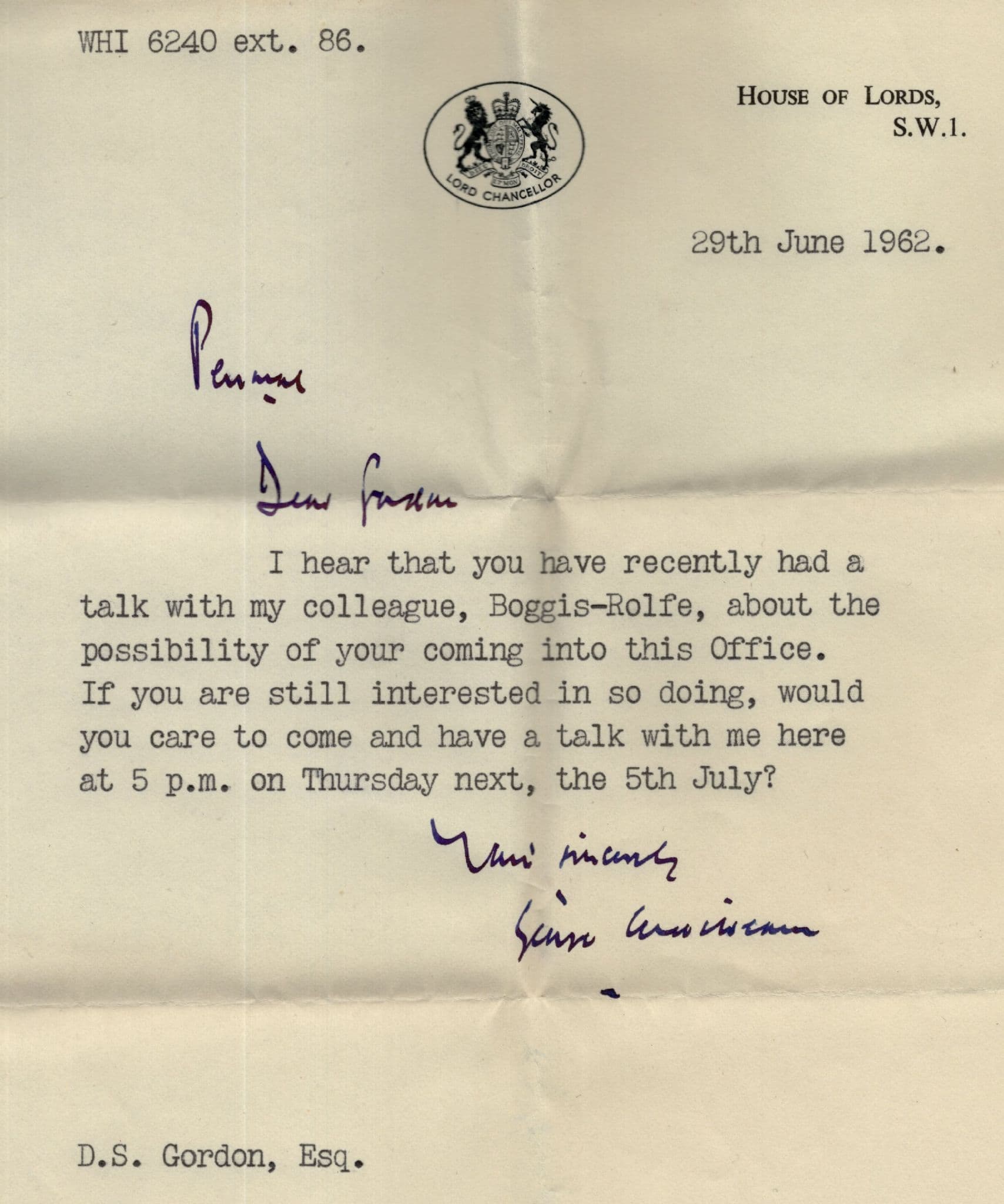 House Of Lords 1962 Politics Hand Signed Antique Letter