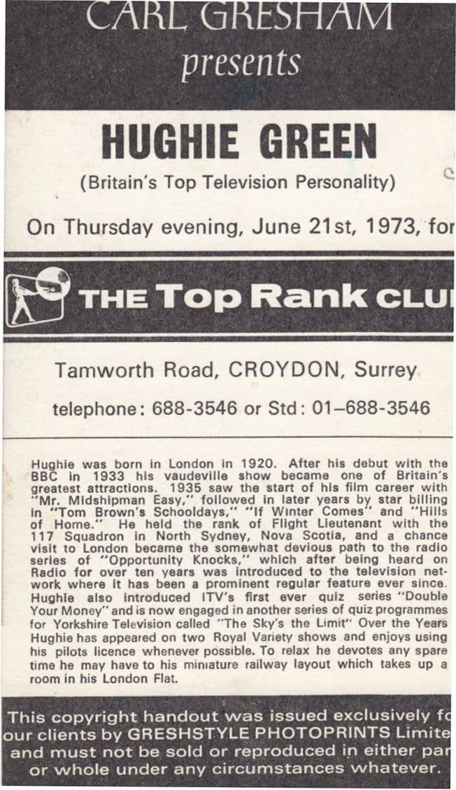 Hughie Green Opportunity Knocks at Croydon Surrey 1973 Hand Signed Event Photo