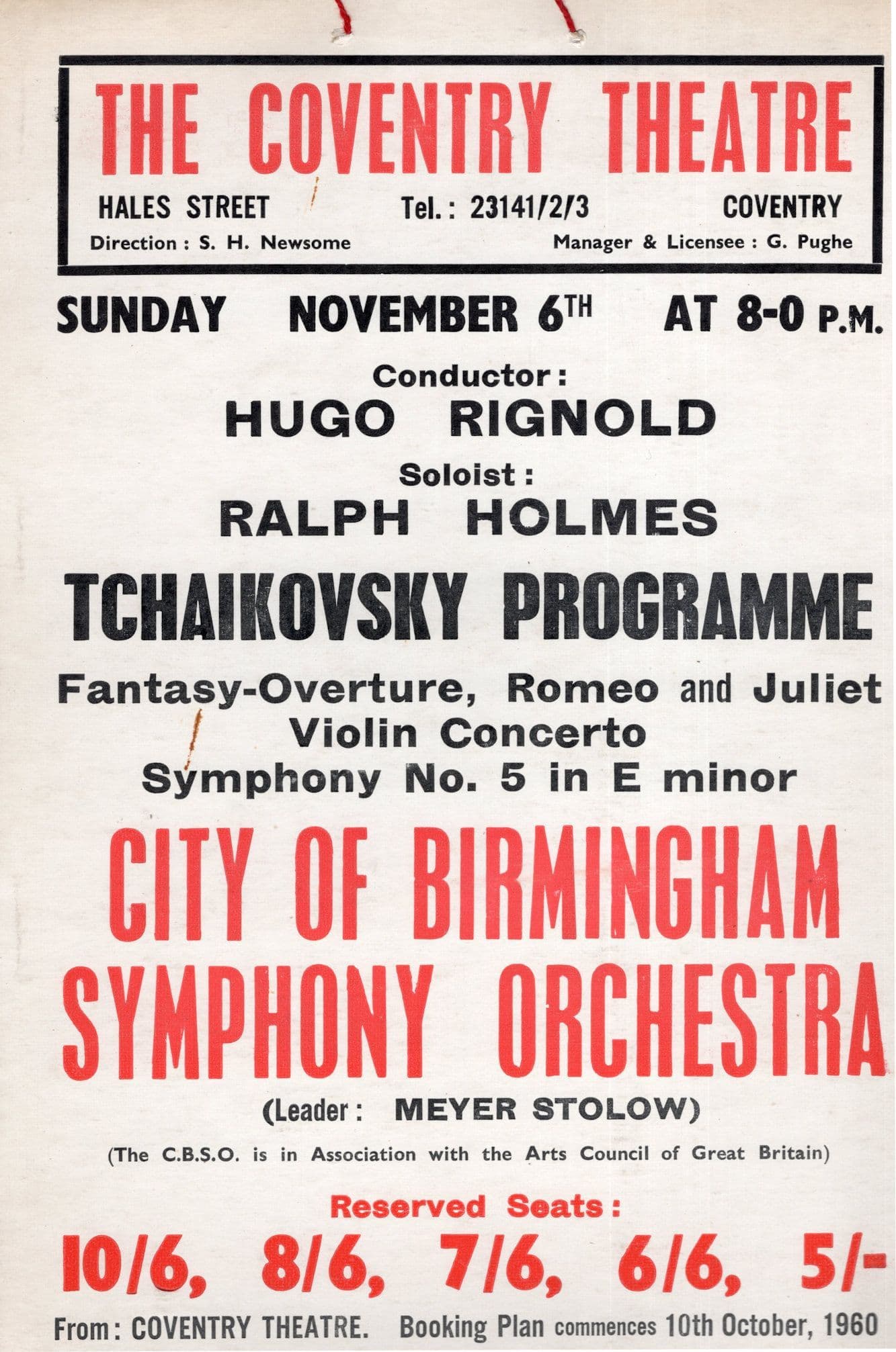 Hugo Rignold Ralph Holmes Antique Classical Concert Old Coventry Theatre Card Poster