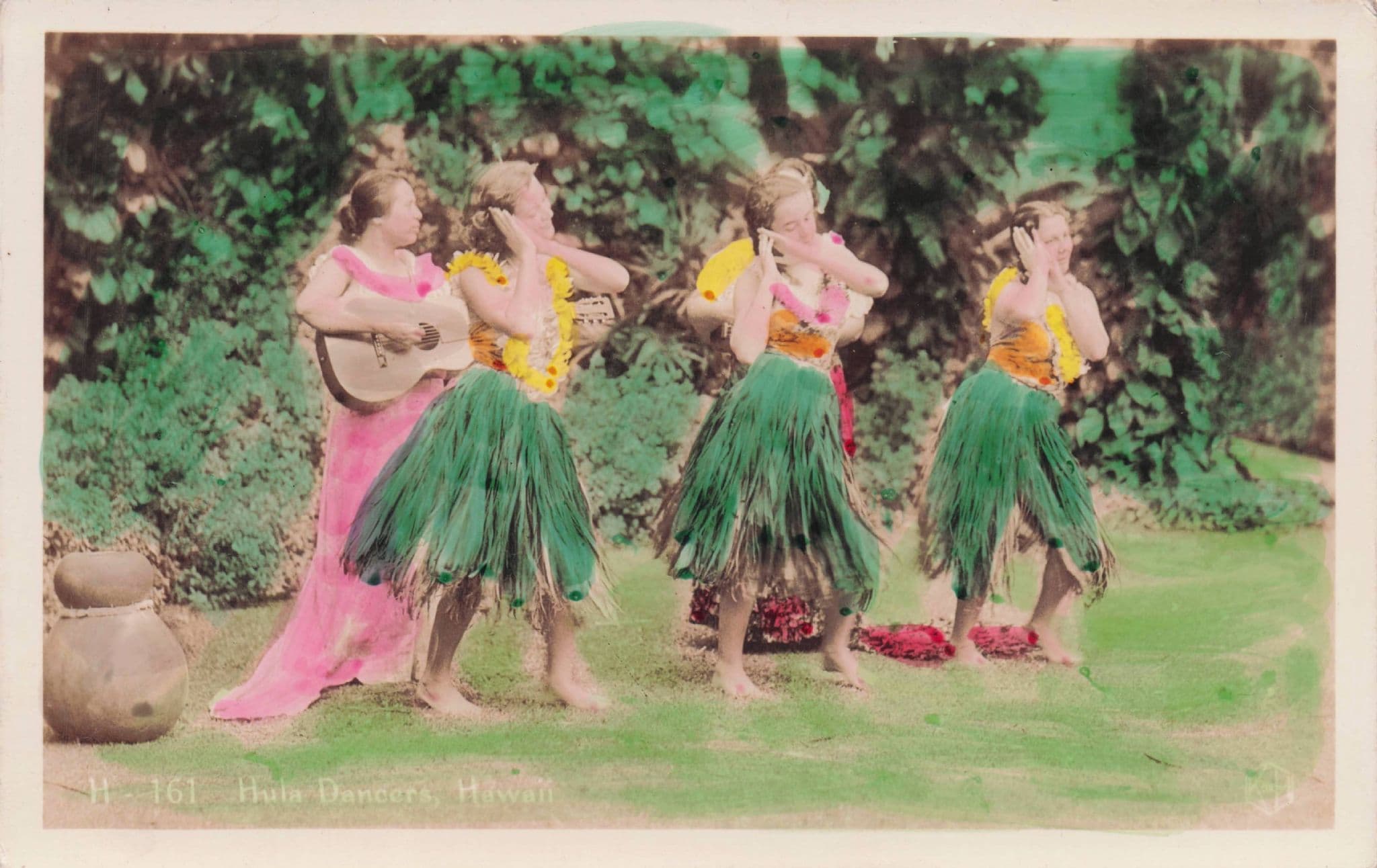 Hulu Dancers Hawaii Real Photo Dancing Tinted Colour Postcard