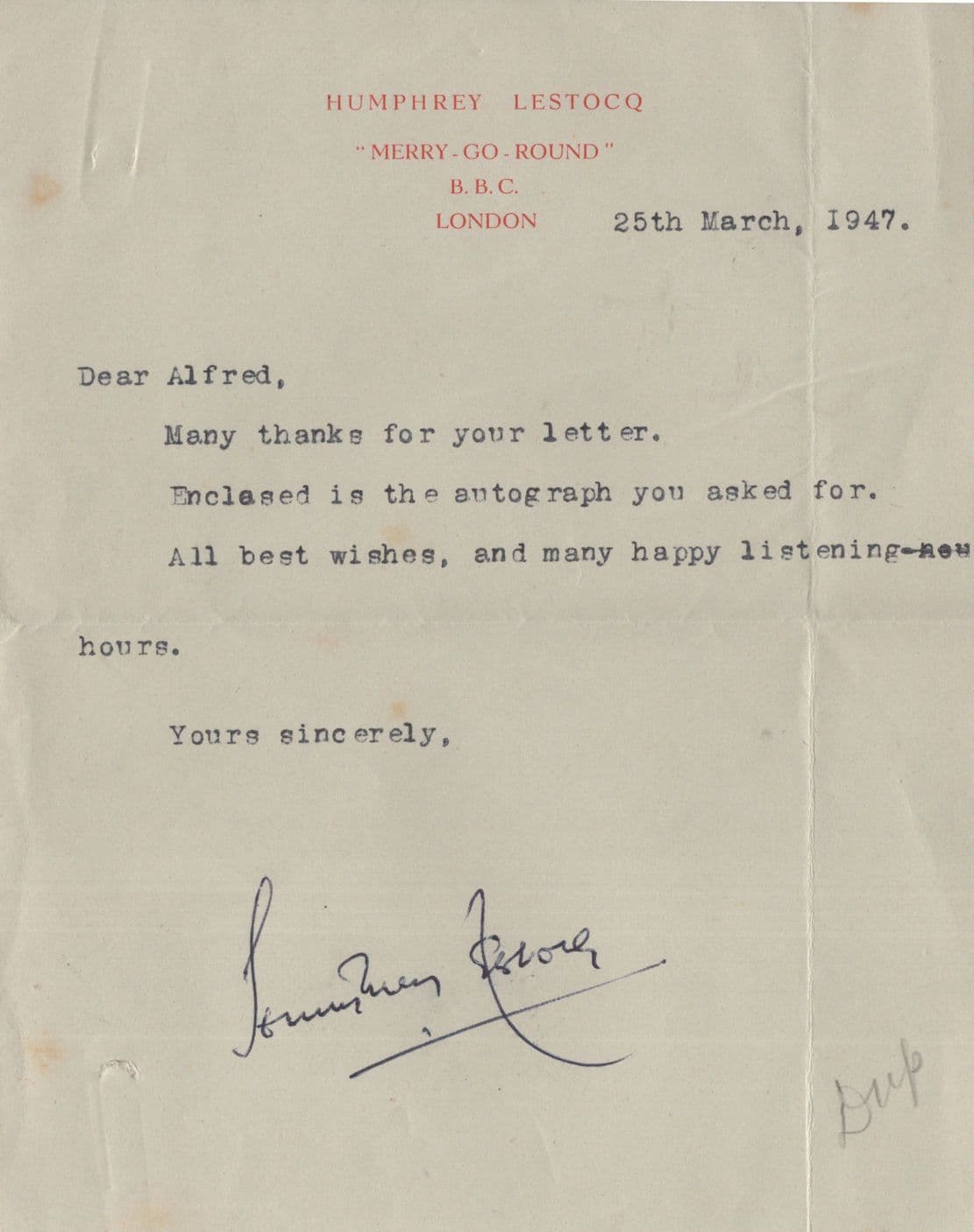 Humphrey Lestocq Merry Go Round WW2 Pilot Radio Show Hand Signed Letter