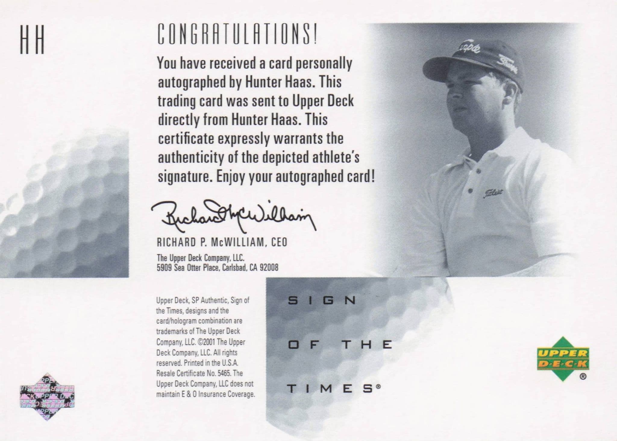 Hunter Haas Sign Of The Times Hand Signed 2001 SP Golf Autograph Card