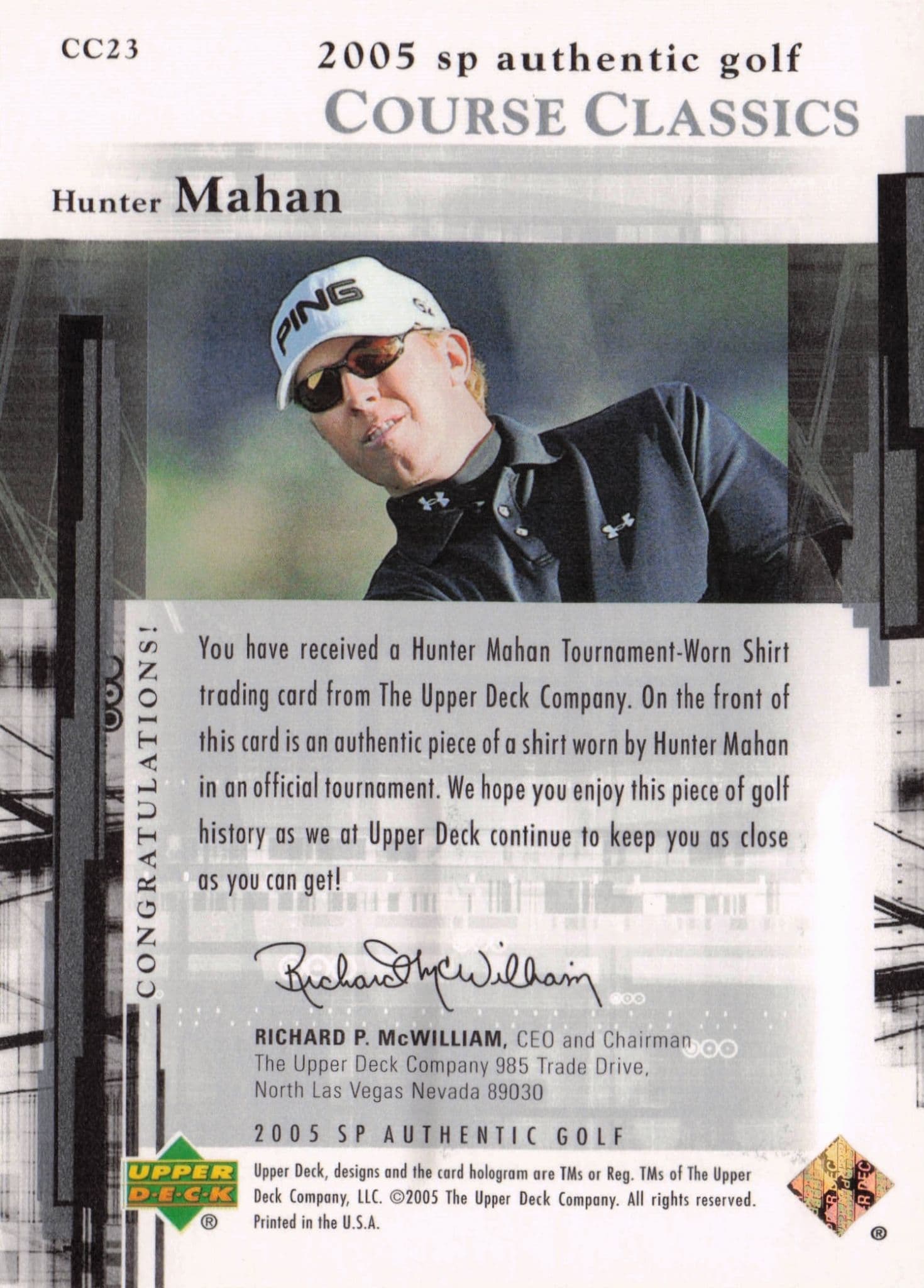 Hunter Mahan Course Classics 2005 Golf SP Upper Deck Worn Shirt Card