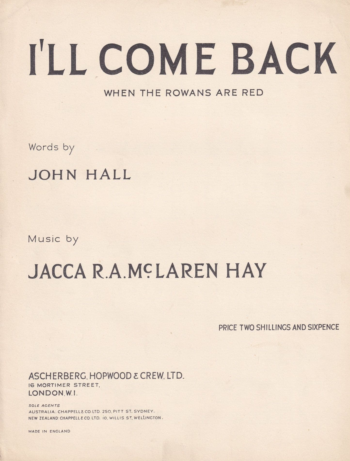 I'll Come Back When The Rowans Are Red Jacca McLaren Hay Olde Sheet Music