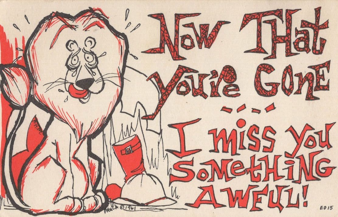 I Miss You Something Awful Lion Giant Cat Old Comic Postcard