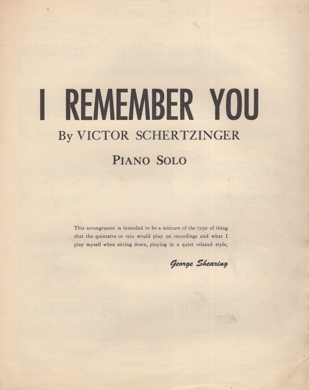 I Remember You Victor Schertzinger George Shearing Sheet Music