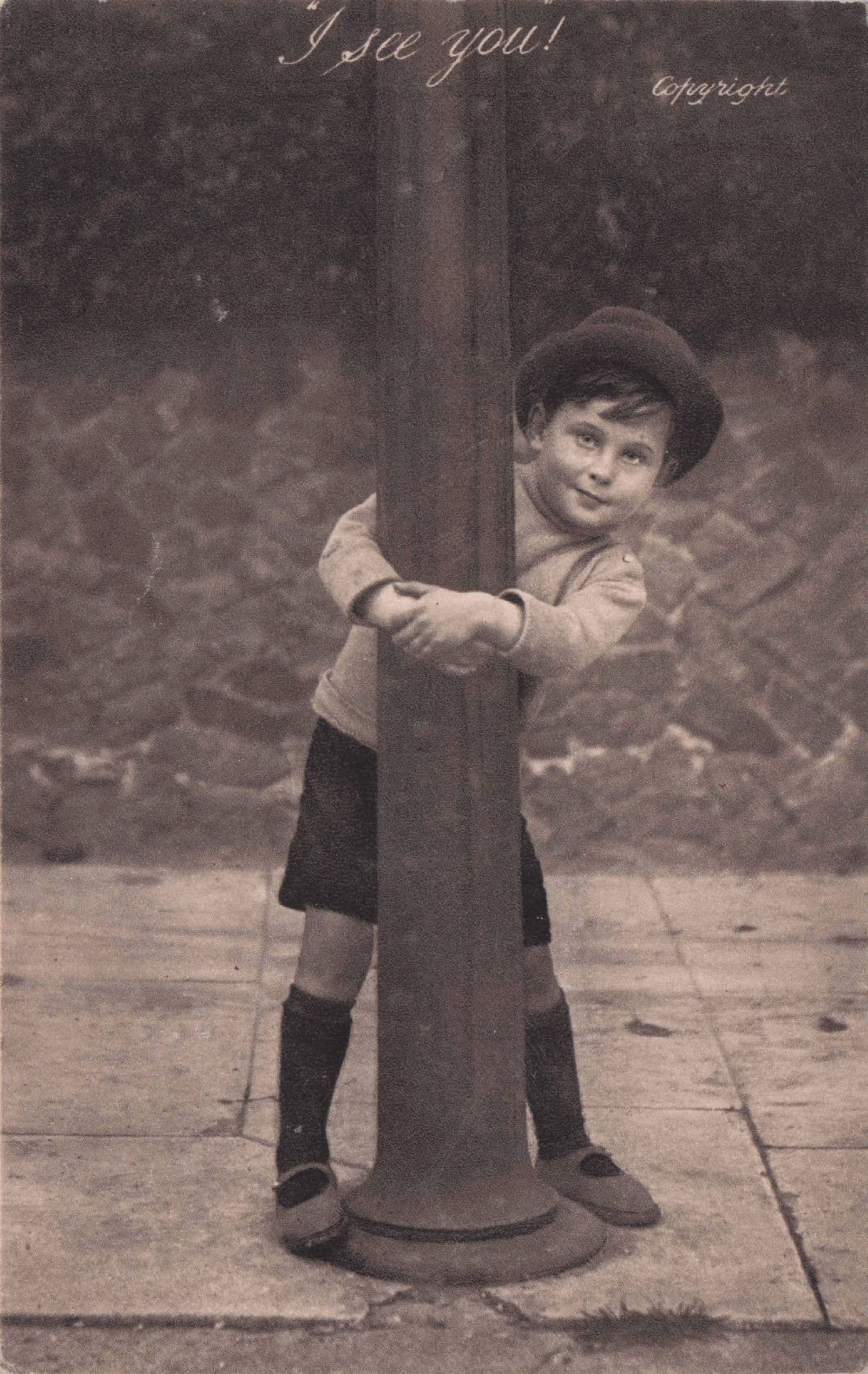 I See You Boy Peek A Boo Street Lamppost Photogravure Old Postcard