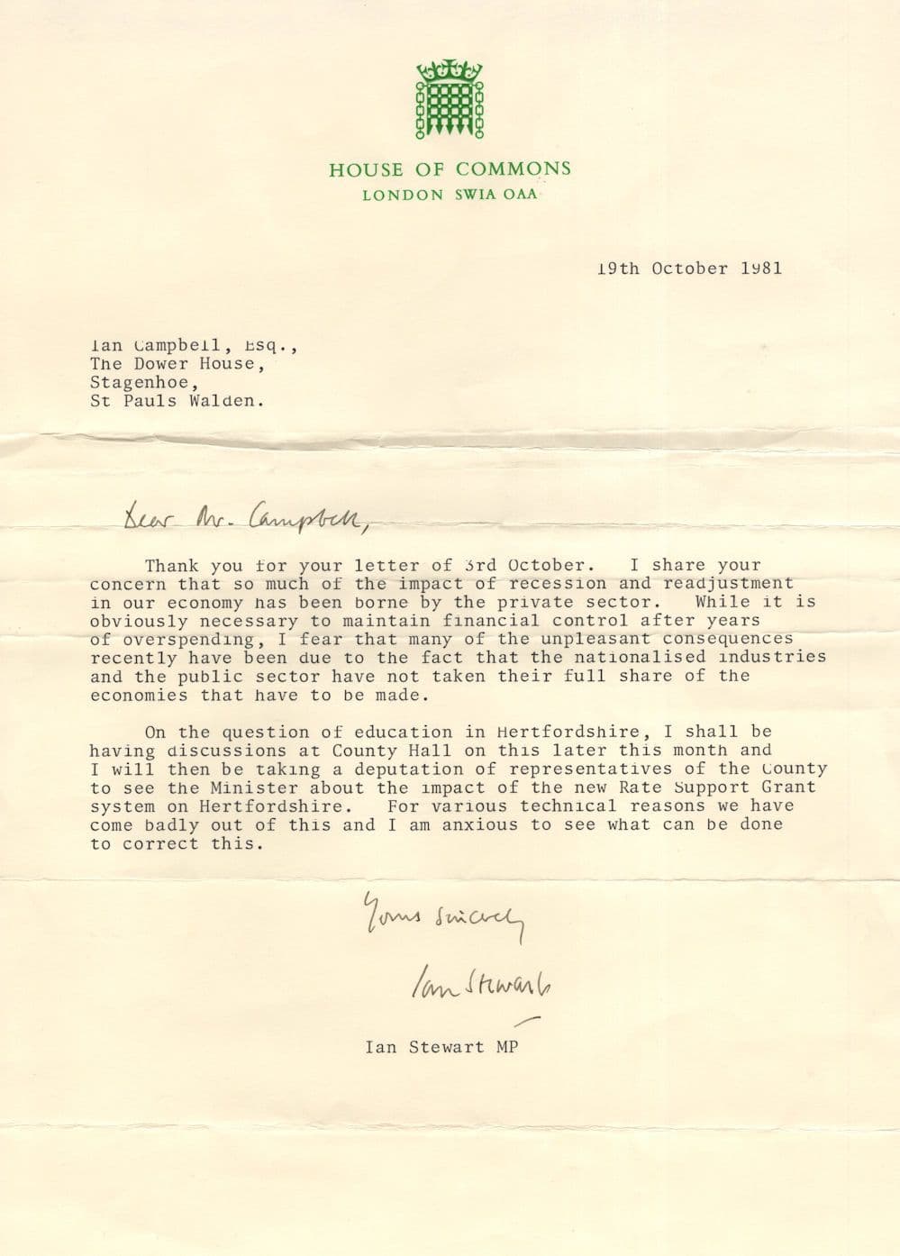 Ian Stewart Hitchin Herts Conservative MP Recession Hand Signed 1981 Letter
