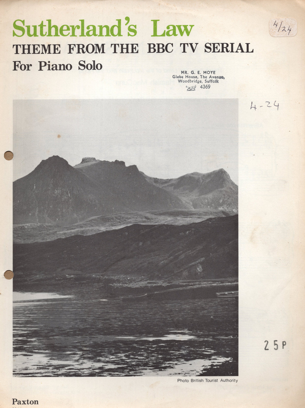 Sutherland's Law BBC TV Show Theme Music 1970s Sheet Music