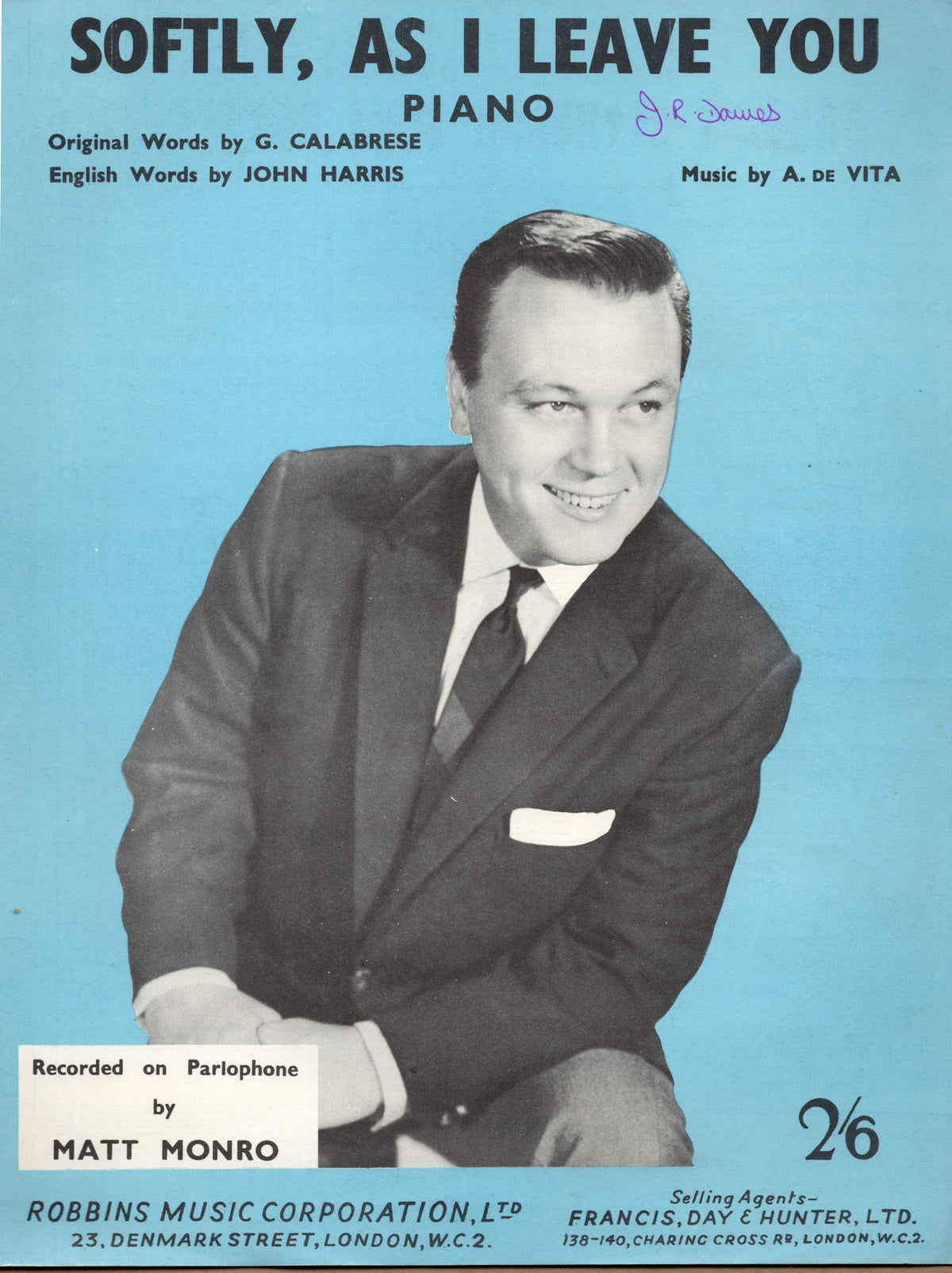 Matt Munro Softly As I Leave You Robbins UK Rare 1950s Photo Sheet Music