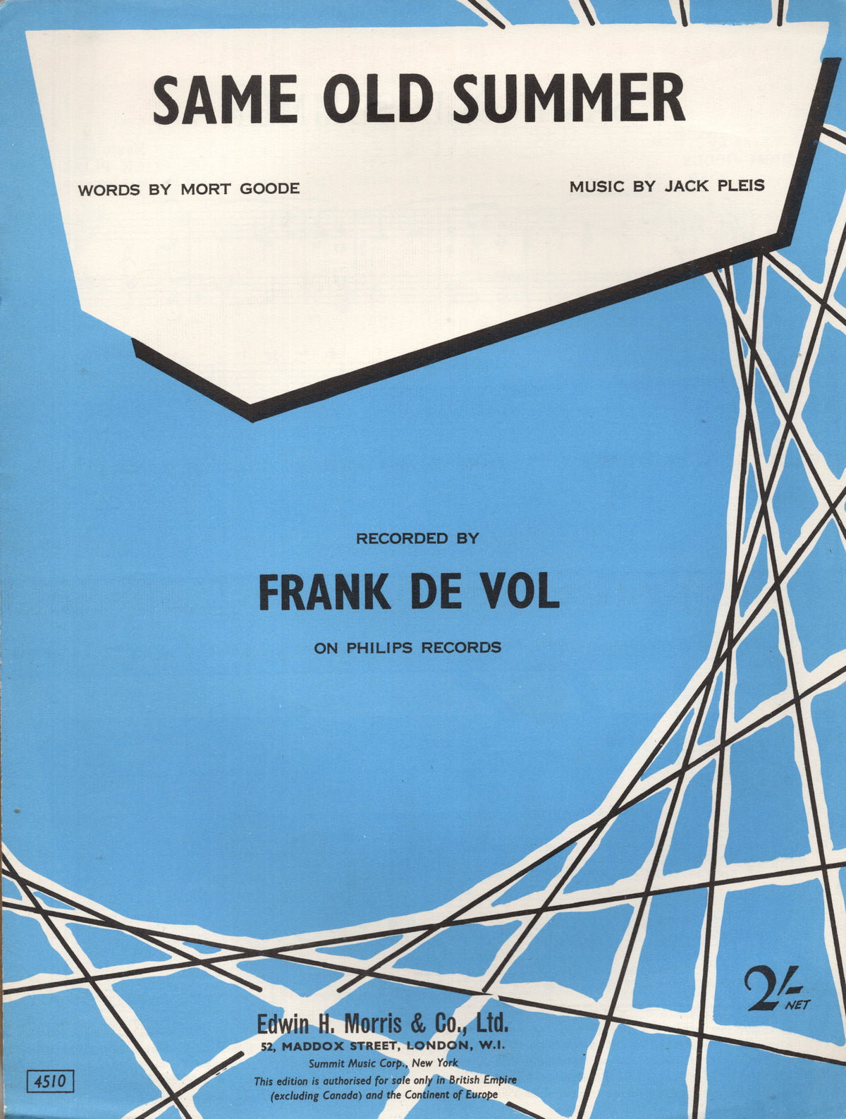 Same Old Summer Frank De Vol of The Brady Bunch 1950s London Sheet Music