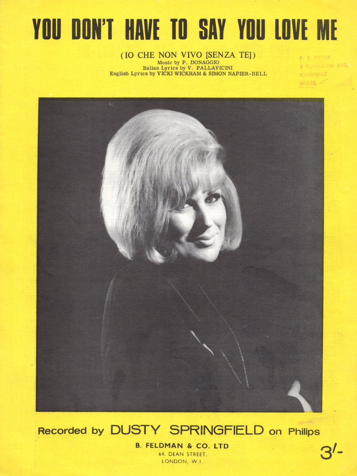Dusty Springfield You Don't Have To Say You Love Me 1960s Sheet Music