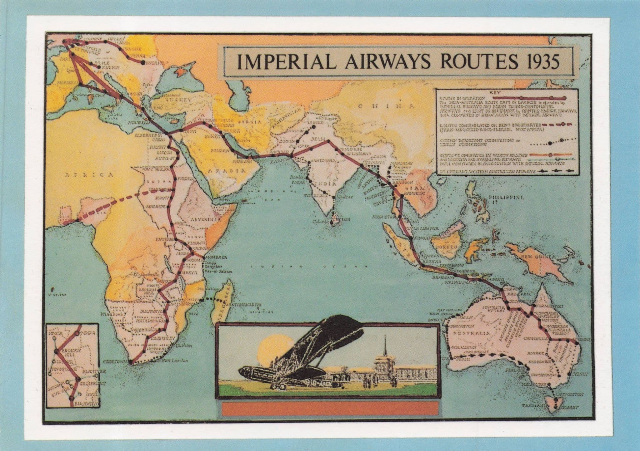 Imperial Airway Routes 1935 Rare Map Postcard