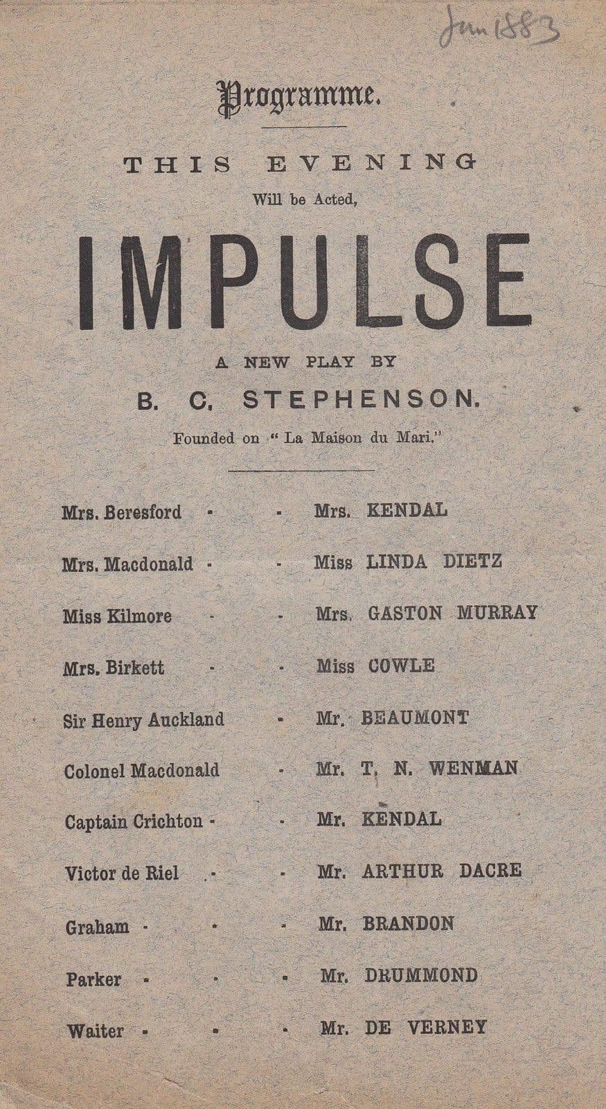 Impulse BC Stephenson Drama St James London Antique Theatre Programme