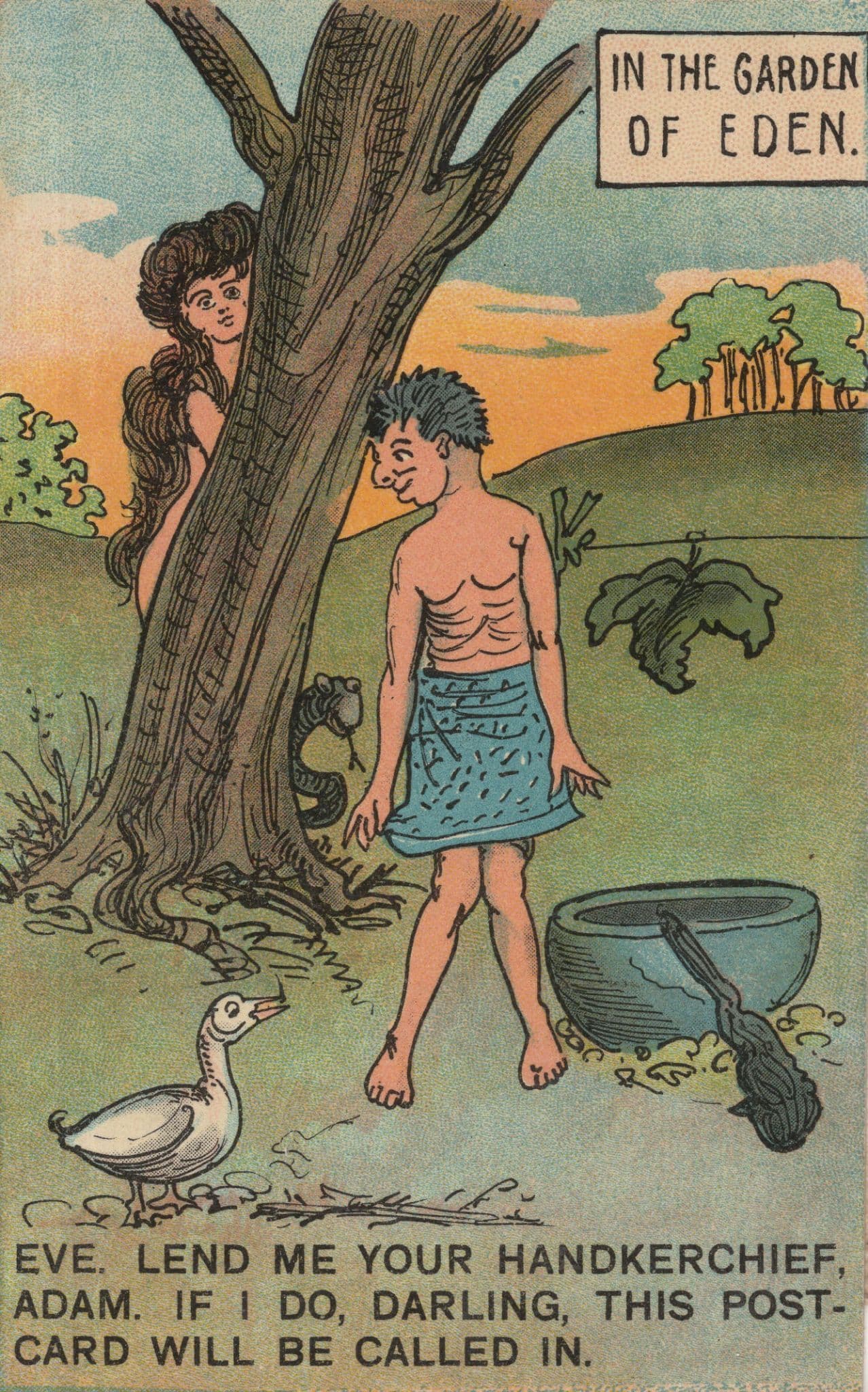 In The Garden Of Eden Adam & Eve Handkerchief Antique Comic Postcard